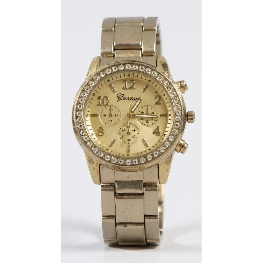 Geneva Gold Tone Rhinestone Bezel Faux‎ Chrono Quartz Analog Women's Wrist Watch